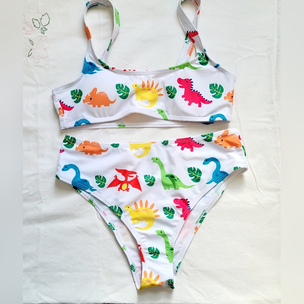 Shein Bikini Swimming Suit Sz S White W/ Colorful Dinosaurs NWT